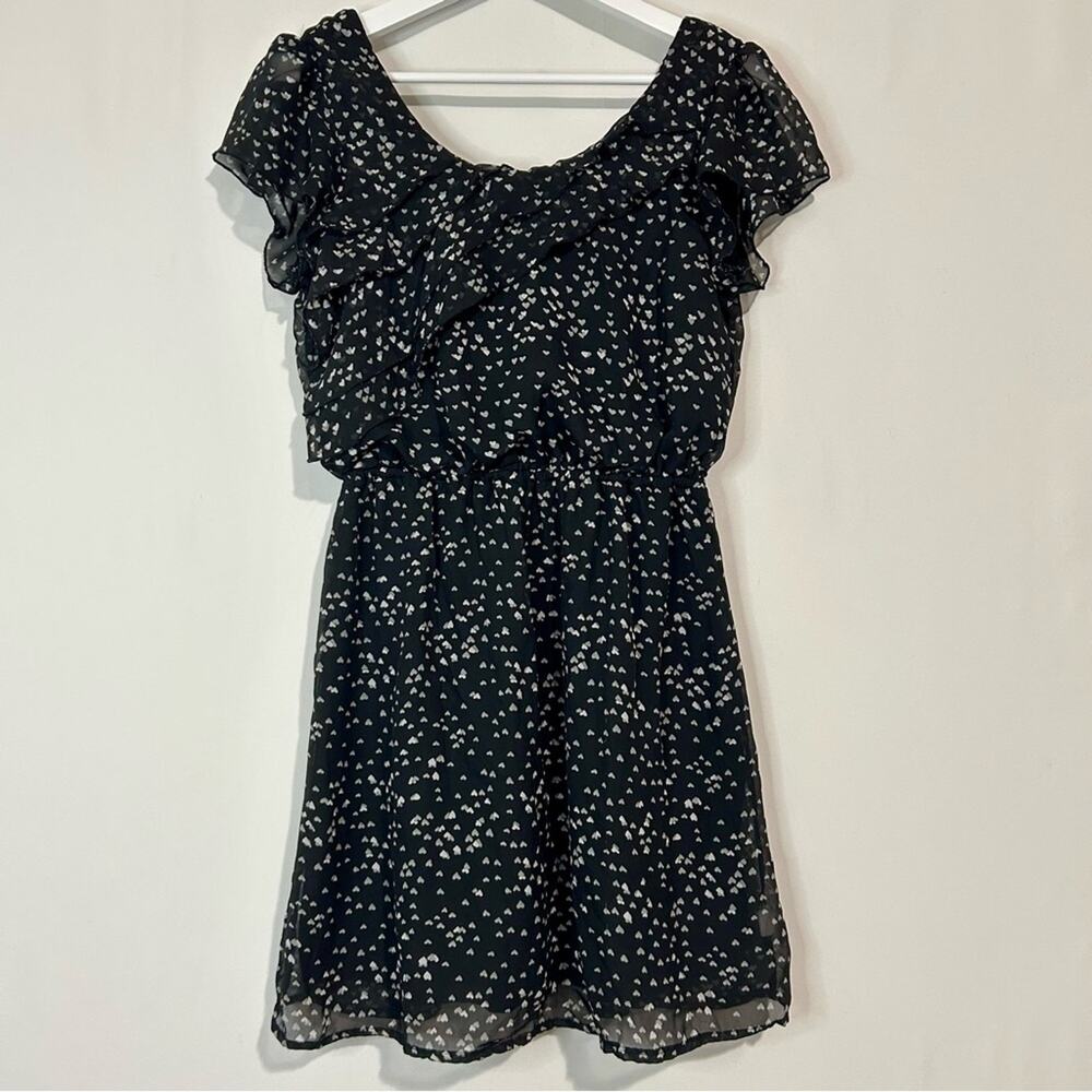 Belle du Jour Women’s Heart Print Ruffle Mini Dress Black White Size Large EUC